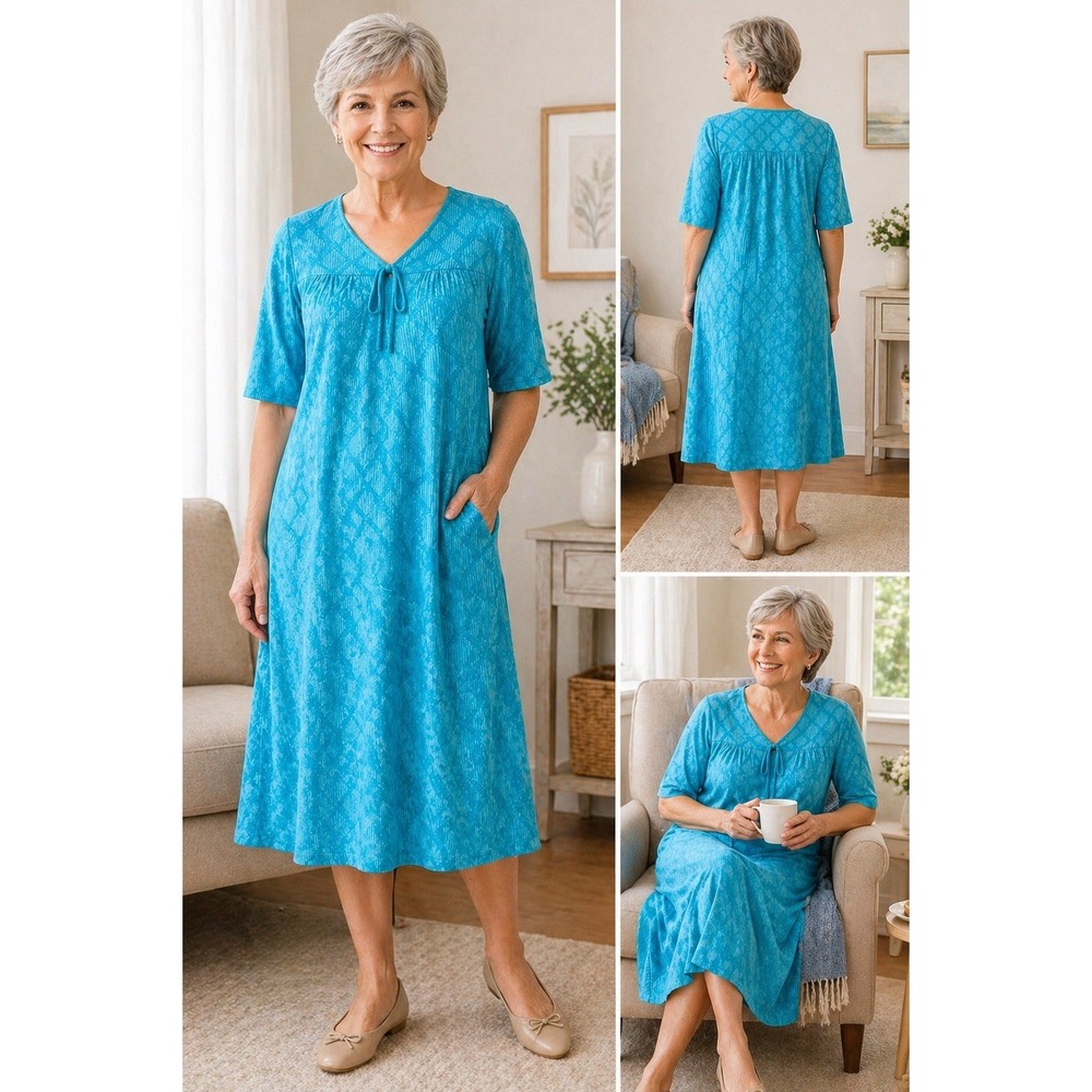 Silverts‎ Adaptive Dress L Teal Textured Tie Neck Short Sleeve Comfort Fit